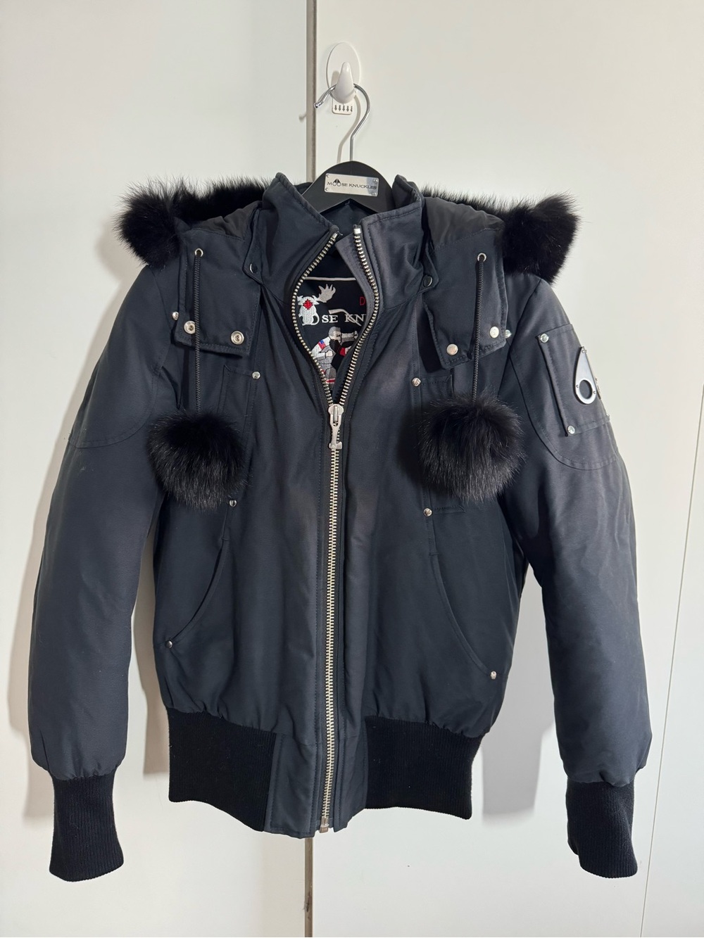 Moose Knuckles Debbie Bomber Jacket Black Medium Genuine Fox Fur EUC